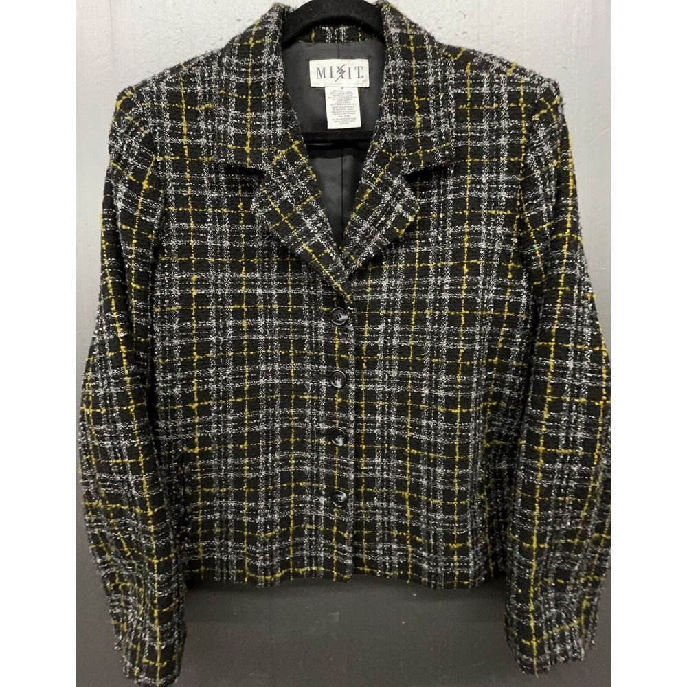 Mix It Blazer Women 16 Black Gold Plaid Wool Blend Tweed Lined‎ Jacket Career